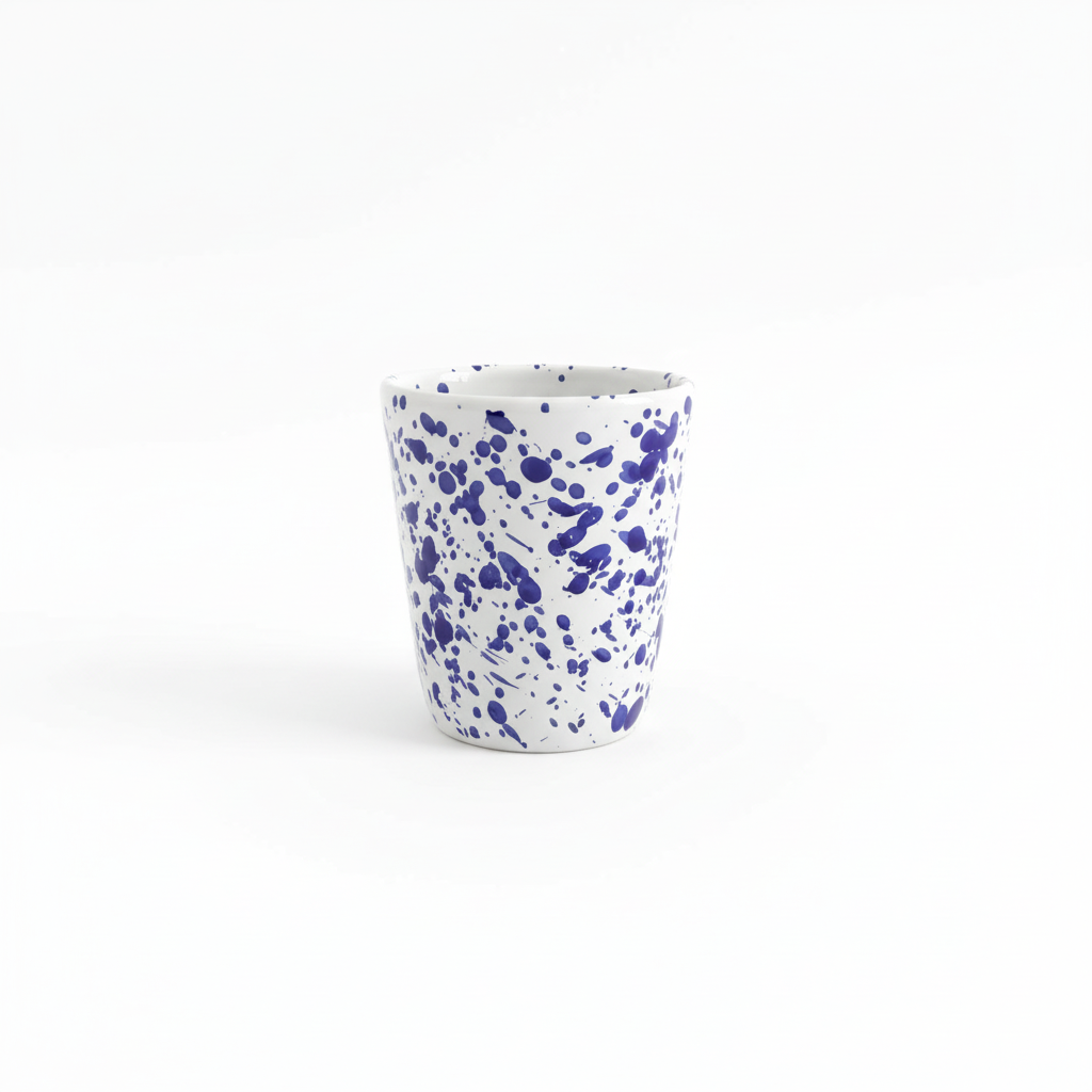 Bicchiere ceramica blu schizzato sfondo bianco
