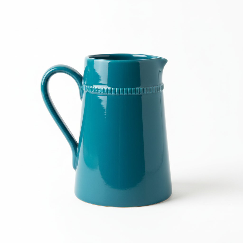 Brocca ceramica blu petrolio su sfondo bianco