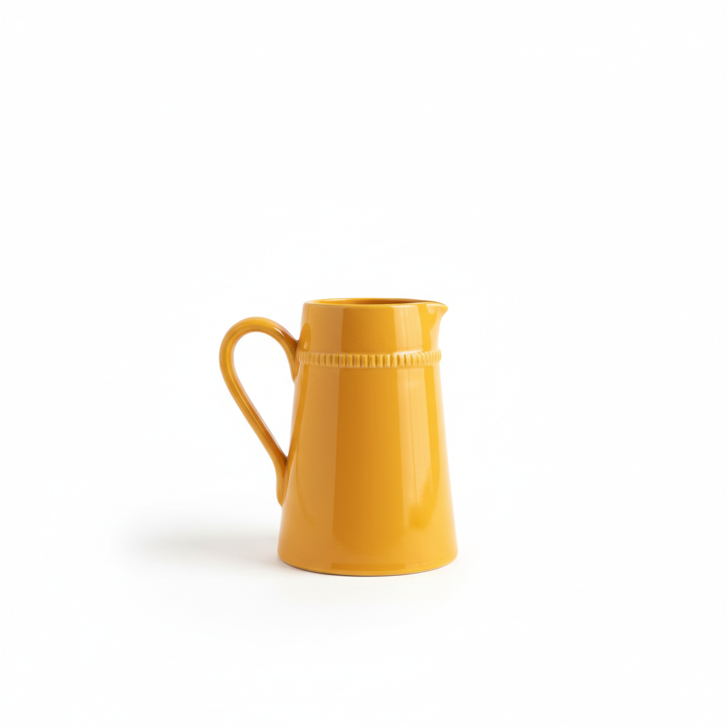 Brocca ceramica gialla su sfondo bianco