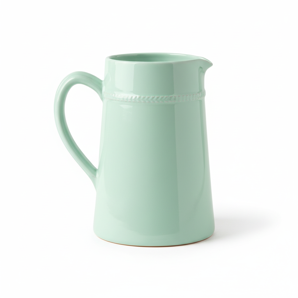 Brocca ceramica verde acqua su sfondo bianco