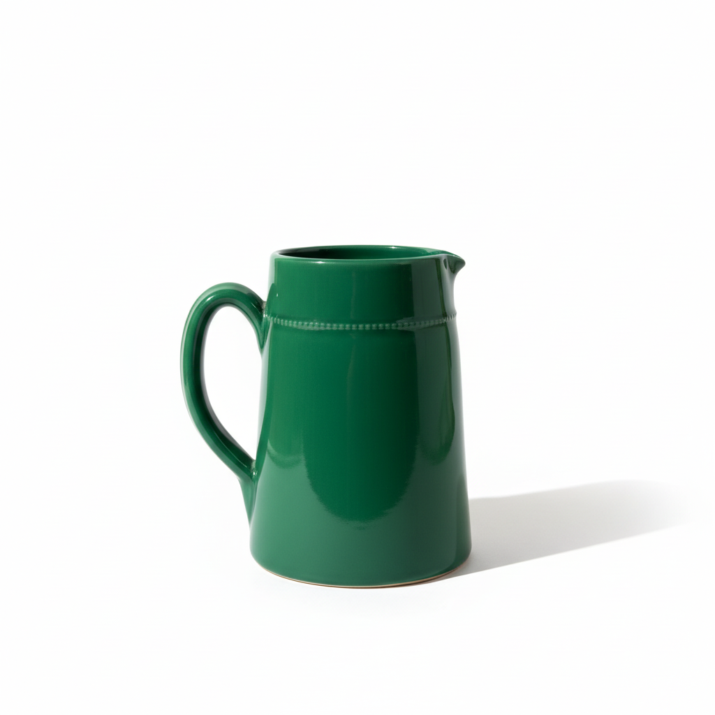 Brocca ceramica verde su sfondo bianco