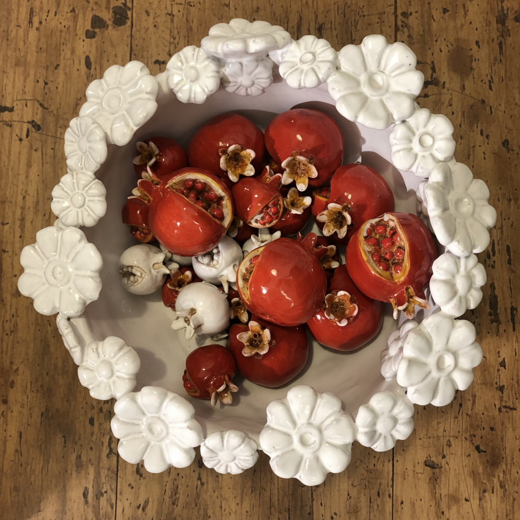 Centrotavola con melagrane su legno rustico