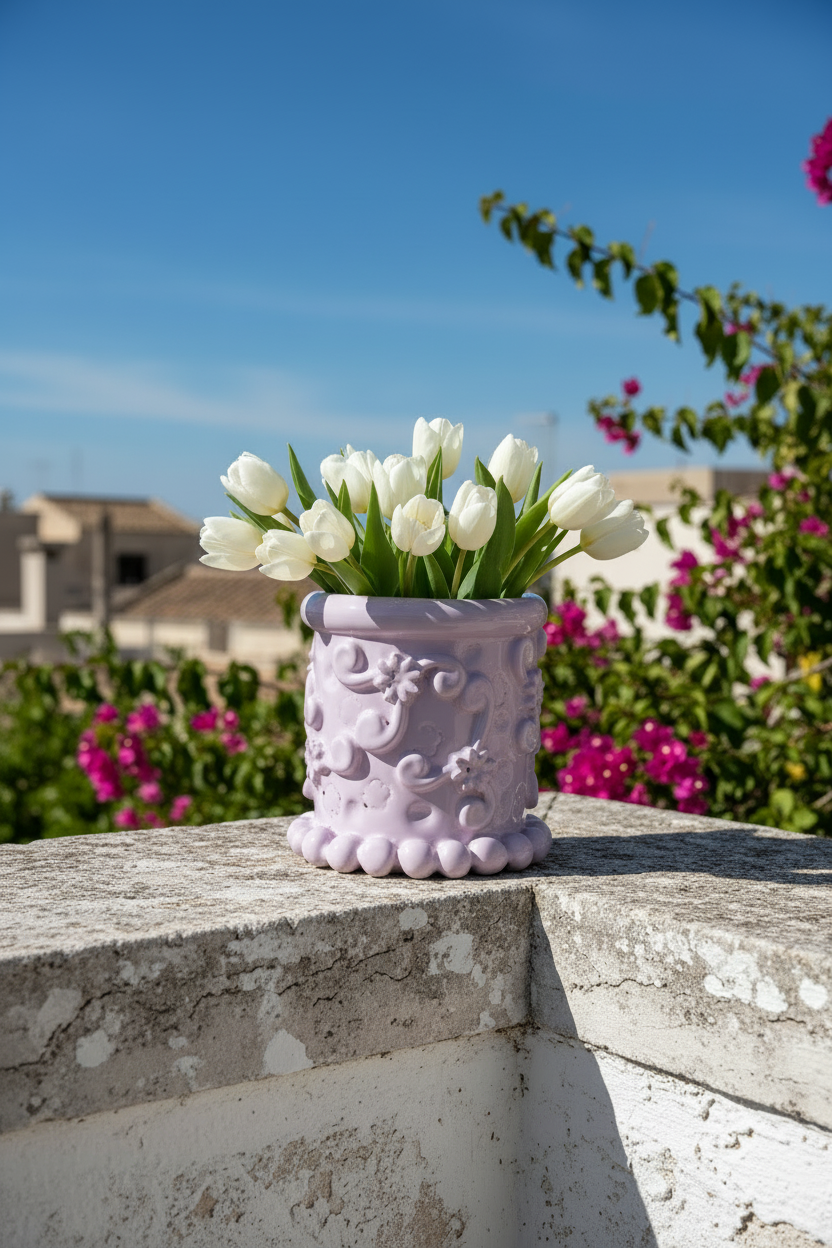 Pumo lilla con tulipani bassi e naturali