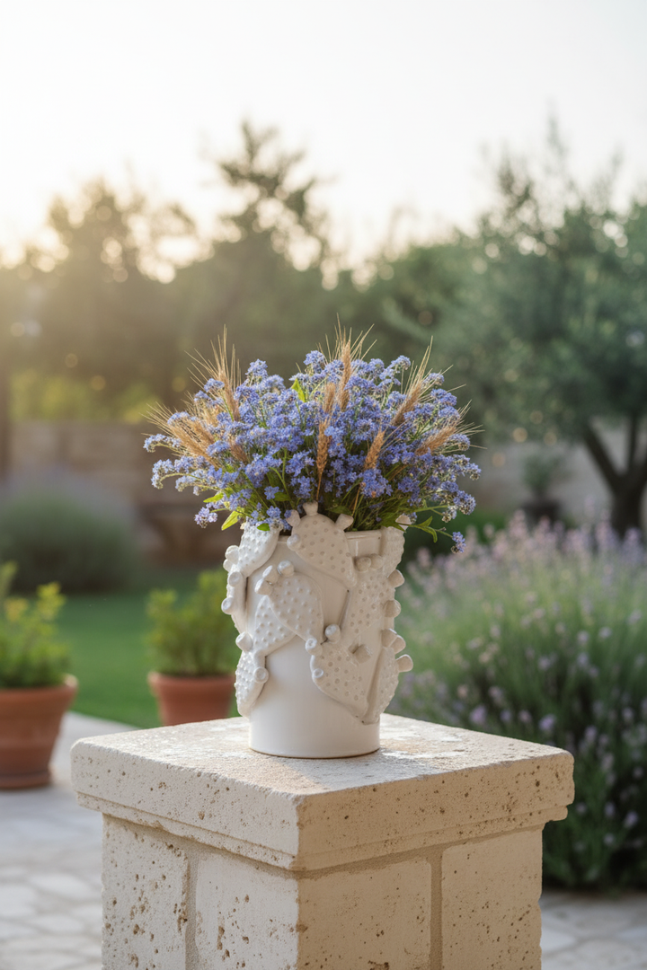 Pumo – Patio esterno, colonnina in pietra, luce mattutina