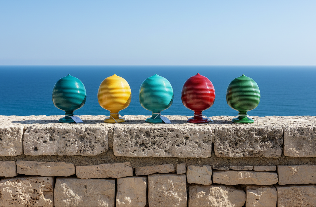 Pumo Pugliesi su muretto in pietra con mare