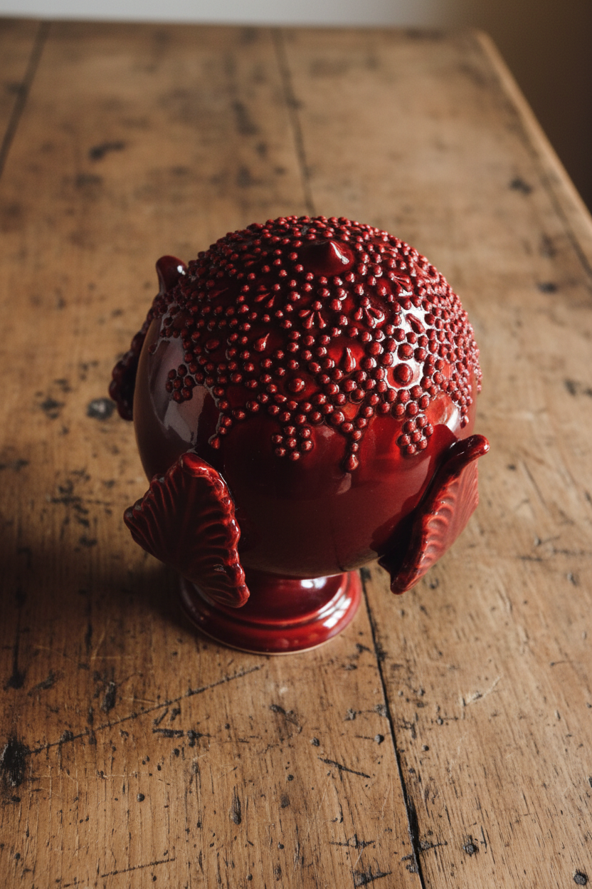 Pumo rosso su tavolo di legno antico