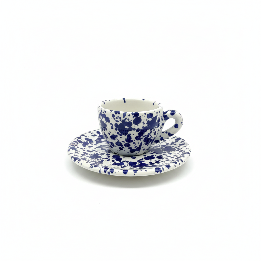 Tazzina espresso blu schizzata sfondo bianco
