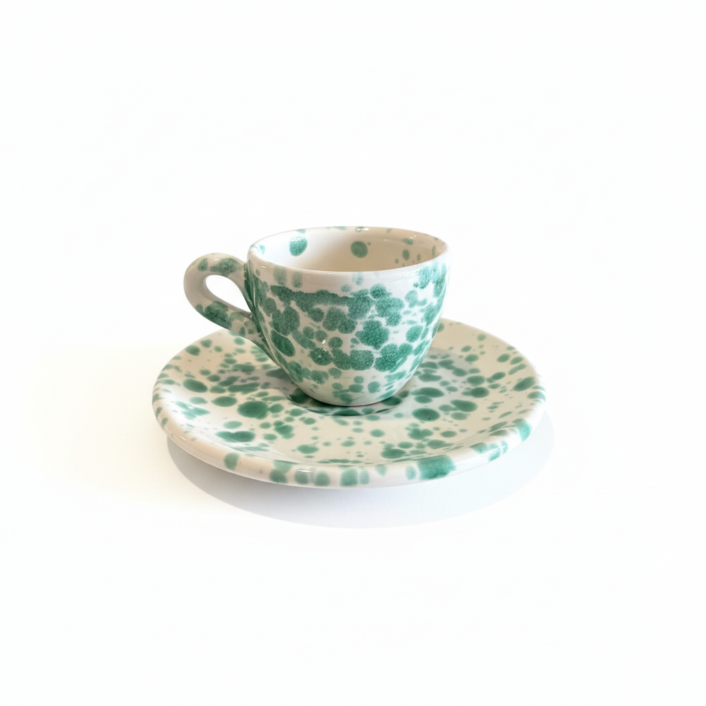 Tazzina espresso e piattino schizzato verde sfondo bianco